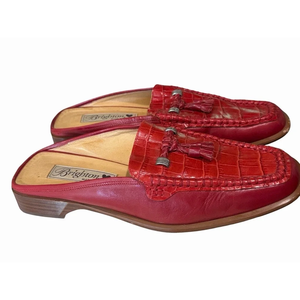 Brighton Julie Women's 7.5 Red Tasseled Croc Leather Loafer Mule Shoe Quiet Luxe